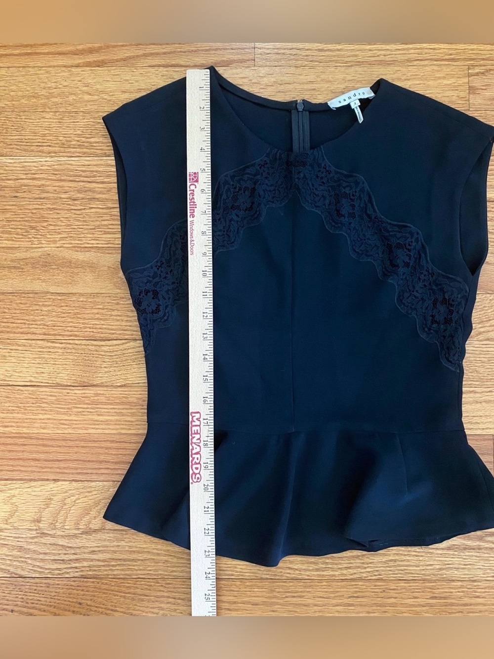Sandro Peplum Top Women’s Size 2 Black Lace Detail Shirt Zip Closure-Back Blouse - Picture 5 of 6